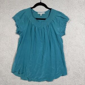Daniel Rainn Shirt Womens Large Teal 100% Silk Smocked Cap Sleeve Button Blouse
